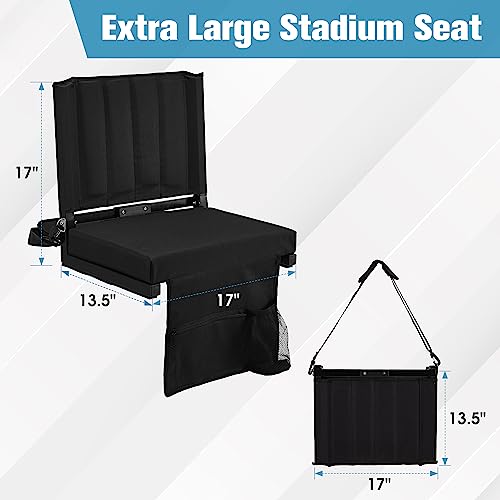 Eusuncaly Stadium Seat for Bleachers with Back Support and Wide Comfy Padded Cushion, Foldable Stadium Seats Chairs with Shoulder Strap and Storage Pockets, Bench Chair for Bleachers,Black 1 Set