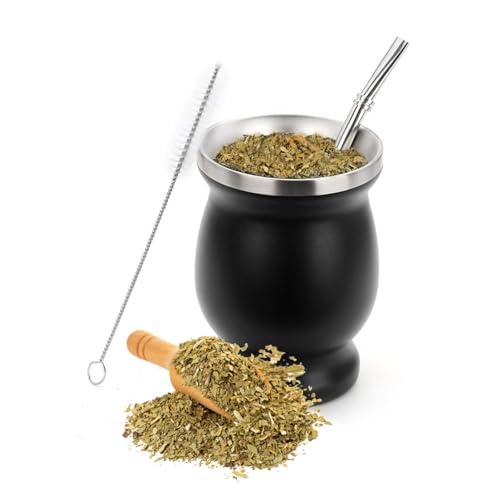 Yitobici Mate Becher Set mit Mate Strohhalm und Reinigungsbürste Doppelwand Isolier Design aus Edelstahl 304 für Mate Tee und andere Getränke (Schwarz)