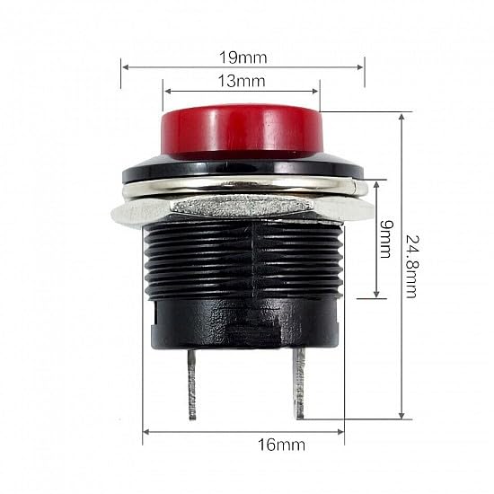 SHOKITECH R13-507 16MM 2PIN Momentary Self-Reset Round Cap Push Button Switch multicolour 6 switch (Black, Blue,Green,Yellow,White,Red) 2