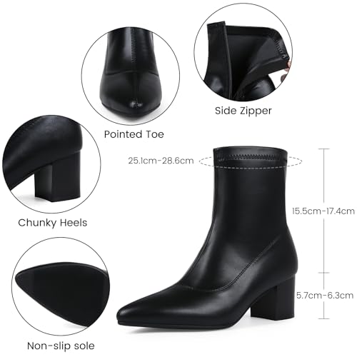 Women's Black Ankle Boots Pointed Toe Chunky Block Heel Womens Comfortable Stretch Short Booties Shoes3