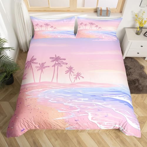 Homewish ZZRS1306ZMD-TJ_UST Pink Beach Duvet Cover Set Twin Size Kids Girls Romantic Hawaii Ocean Style Bedding Set 2Pcs Teens Lover Room Decor Palm Trees Sky View Comforter Cover Girly Summer Quilt Cover,1 Pillowcase cover