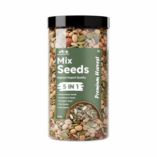 Image of Growfitz 5-in-1 Super Seed Mix | 500g | 20.5g High Protein & Fiber | Roasted Pumpkin, Sunflower, Flax, Chia, Soy Nuts & Sesame | Healthy Snack | Export Quality Superfood