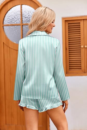 Image of Ekouaer Womens Satin Pajama Sets Long Sleeve Top and Shorts Lounge Set Button Down Sleepwear