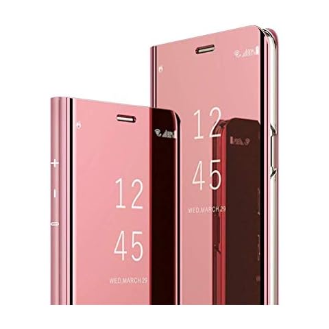 LEECOCO for Samsung S10 Case Slim Luxury Clear View Electroplate Plating Mirror Makeup [Kickstand] Full Body Protective Cover Flip Shockproof Case for Samsung Galaxy S10 Mirror PU Rose Gold Cover