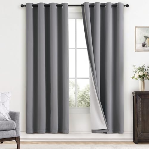 Yakamok Grey Room Darkening 100% Blackout Curtains Grommet Window Treatments with 2 Thick Layers-Gray Thermal Insulated Drapes Set of 2 Panels for Bedroom Living Room 52 Inches by 72 Inches Length