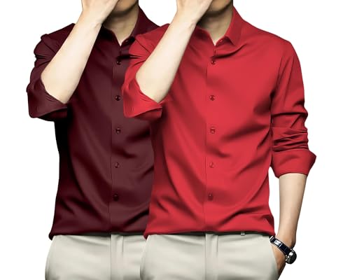 Image of DEELMO Combo of Men's Stylish Solid Satin Casual Shirt for Men Full Sleeves| Poly Satin Silk Shirt Pack of 2