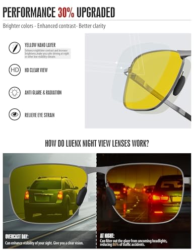 Luenx Men'S Night Vision Driving Glasses Anti Glare Polarized Rectangular Sunglasses thumb #3
