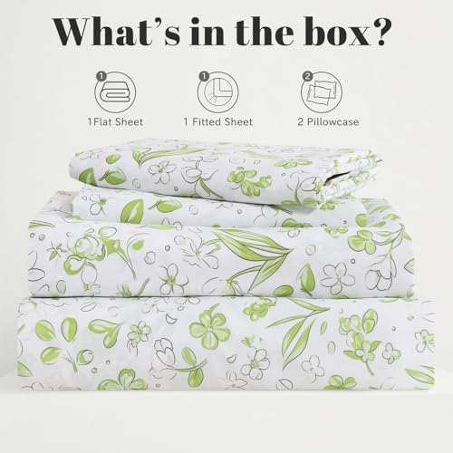 Bedlifes King Sheet Set Ultra Soft, Breathable, Silky Flower Deep Pocket 100% Microfiber Bedding, 4 Piece King Size Green Floral