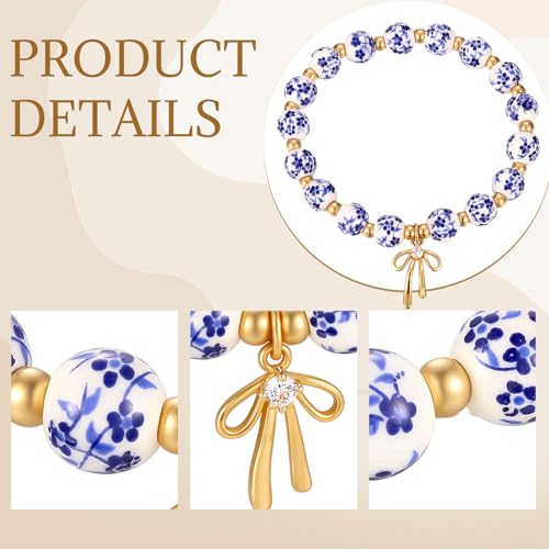 6 Pieces Beads Bow Charm Bracelet Set for Women Flower Vintage Stretch Bracelet Handmade Dainty Bow Pendant Gift for Women2