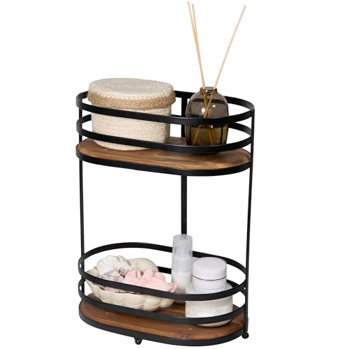 ACENTO 2-Tier Oval Bathroom Organizer with Metal Frame and Wooden Shelves, Matte Black – Freestanding Vanity Countertop Rack
