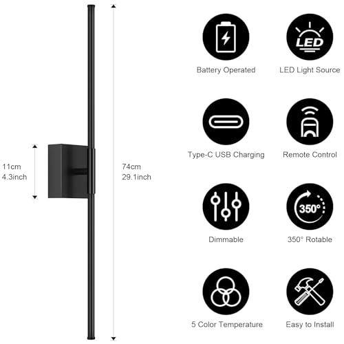 Image of Battery Operated Wall Sconce, 3000K-6000K Dimmable Black Wall Lights with Remote Control, Timable LED Wireless Wall Sconces, 350 Ratate for Bathroom, Living Room, Hallway 29.1 Inch 1 Pack