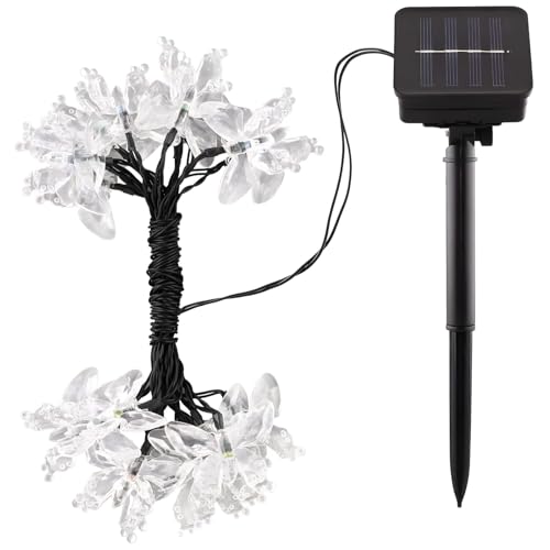 Chewtoyo Guirnalda de luces LED de mariposa, alimentadas por energía solar, 12 m, 100 LED, impermeable, para exteriores, amarillo cálido, brillo para jardín y patio