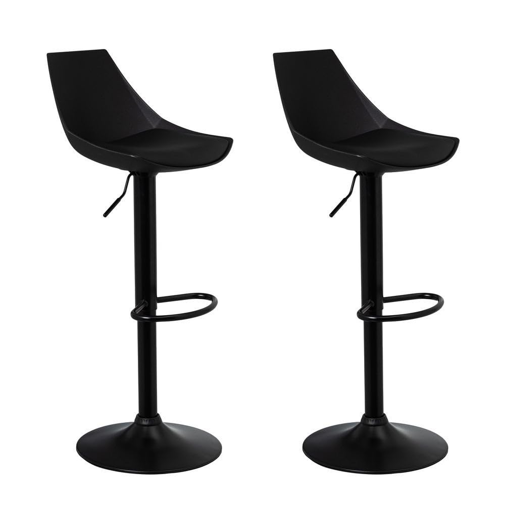 LOLAhome Set de 2 Taburetes Altos Cocina Giratorios en 360°, Juego de Sillas de Bar Regulables en Altura de 83 a 104 cm, con Respaldo,Material Polipiel, Estructura Metal Negra y Reposapiés, Negros