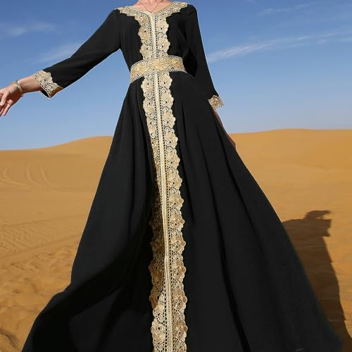 Image of IDOPIP Embroidery Abayas for Women Muslim Moroccan Floral Maxi Kaftan Dress Arabic Islamic Dubai Robe Ramadan Prayer Clothes