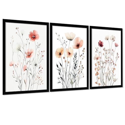 Nacnic Set de 3 Cuadros Florales de Flores Coloridas Impresión Ilustración Botánica Estilo Acuarela para Decorar, Wallart para Cocina, Aseo, Salón, Dormitorio A4 Sin Marco