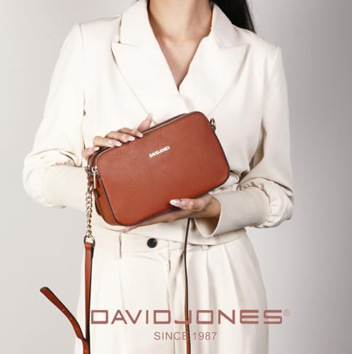 David Jones - Damen Kleine Umhängetasche - Frau Handytasche PU Leder - Ketten Handtasche Tasche mit 3 Fächern - Elegante Schultertasche Crossbody Bag Shopping Abend Party Trend - Braun Cognac – Bild 3