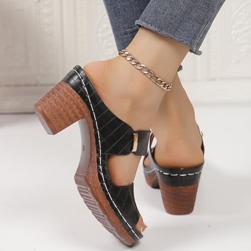 Orthopedic Stylish Sandals for Women Leather Chunky Slides with Heels Comfortable Soft Bottom Open Toe Slides4