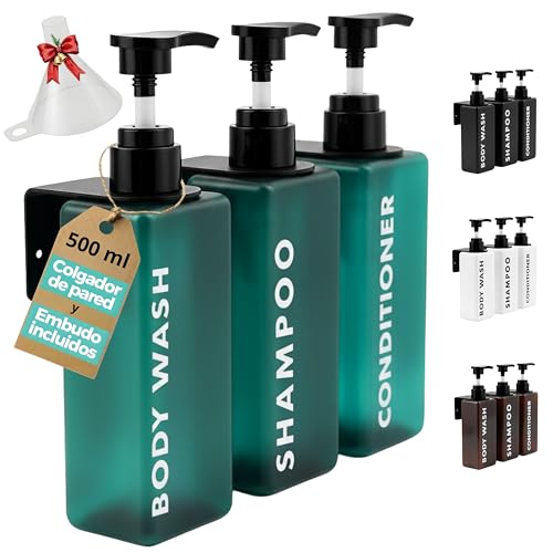 FCINNOVA Dispensador Gel y Champu Ducha Aquamarina 500ml | Set 3 Botes para Gel y Champu + Acondicionador + Embudo Rellenado + 3 colgadores Pared | Dispensador Jabon Baño Pared Elegante y Sostenible FCINNOVA Dispensador Gel y Champu Ducha Aquamarina 500ml | Set 3 Botes para Gel y Champu + Acondicionador + Embudo Rellenado + 3 colgadores Pared | Dispensador Jabon Baño Pared Elegante y Sostenible