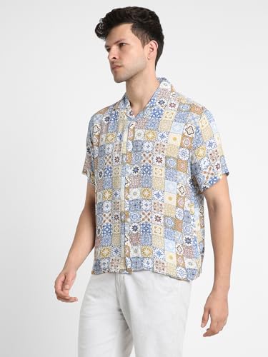Image of Dennis Lingo Men's Rayon White Printed Relaxed Fit Cuban Collar Half Sleeve Casual Shirt