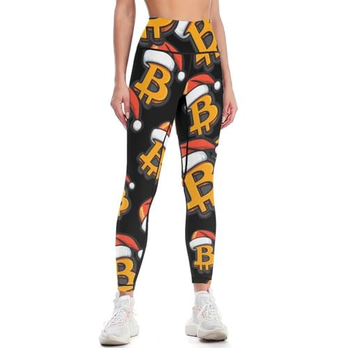 Bitcoin in Christmas Women's High Waisted Yoga Leggings Soft Tummy Control Pants for Running Gym Daily