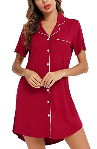Image of Samring Pajama Nightgown for Women Short Sleeve Button Down Boyfriend Night Gown Nightdress Sleep Shirts