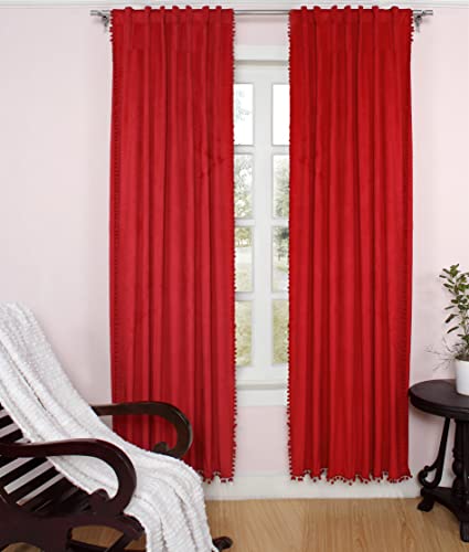 Image of Amazon Brand - Umi 100% Room Darkening Thermal Insulated Blackout Pom Pom Velvet Window Curtains with Rod Pocket 6 feet Set of 1 in Maroon Color