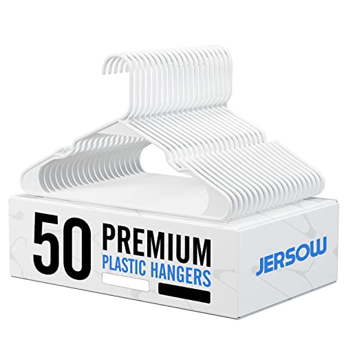 Jersow White Plastic Hangers 50 Pack, Clothes Hangers Space Saving, Heavy Duty Coat Hangers For Closet, Non Slip Clothing Notched Hangers, Durable Slim Black Hangers For Coat, Shirt, Short, Suits #TOP7