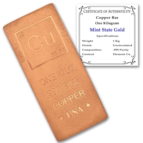 1 Kilo Copper Bar (Flat Style) .999 Pure Bullion with Periodic Table Element Design (1 kg) by Mint State Gold