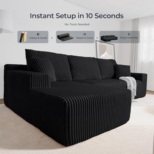 Image of 105 inch Cloud Sectional Couch, L-Shaped Modular Sectional Sofa with Deep Seat, Boneless Couches for Living Room Bedroom, Corduroy Upholstery Green, Left Facing Chaise