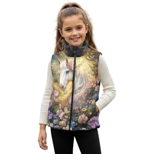 Renewold Warm Thick Girls Fleece Vest Outerwear Floral Horse Fashion Kids Toddlers Teens Sleeveless Zipper Coats with Pockets Winter Spring Fall Jacket Picnic Playing Dance Fleece Vest 7-8 Years