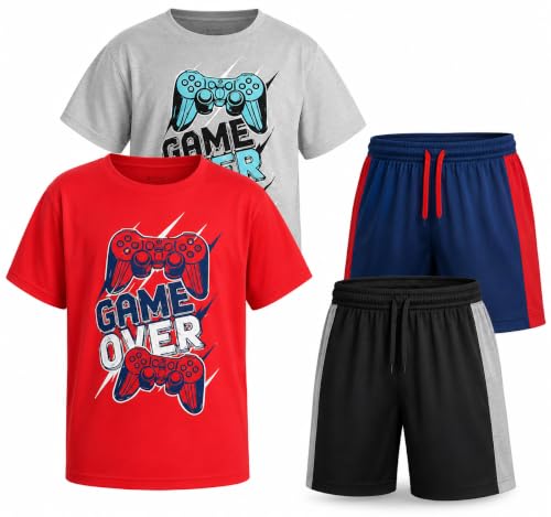Image of Pro Athlete Boys Shorts Sets - 4 Piece Dry Fit Short Sleeve Crewneck Graphic Tee and Performance Shorts for Boys (Sizes 8-16)