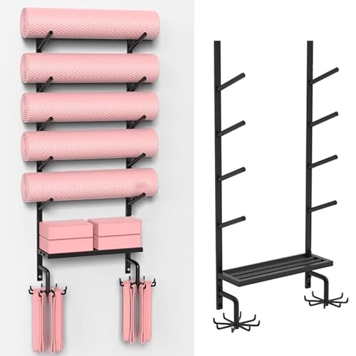 Soporte de pared para esterilla de yoga, estante de almacenamiento con estante y ganchos para organizar accesorios de gimnasio y equipo de entrenamiento
