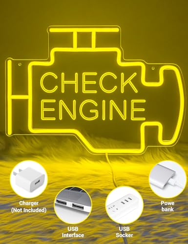 Image of Check Engine Neon Sign for Man Cave Wall Decor, LED Light Up Garage Wall Art Sign for Car Room, Auto Repair Workshop Decor, Car Enthusiast (Check Engine)