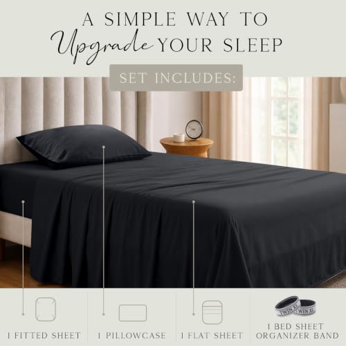 Image of KARISSA MAE Luxury Bamboo Viscose Twin XL Size Sheet Set | FSC Certified | Cooling | Ultra Soft | 18 inch Deep Pockets | Elastic Corner Straps | Includes Organizer Band [Black]