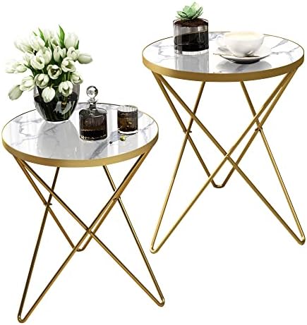 HLR Modern Round Side Table Set of 2, End Table with Marble Effec...