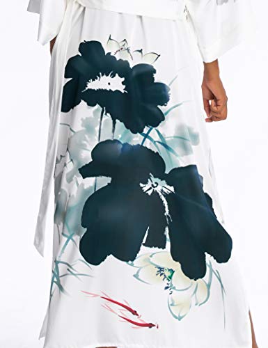 Prodesign Long Kimono Robe Satin Sleepwear Gradient Watercolor Silky Kimono Nightgown Bathrobe Kimono Blouse Cardigan (Lotus - Ink) #TOP4