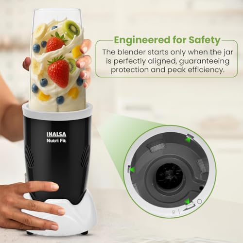 Image of INALSA Blender Mixer Grinder|500W Copper Motor|2 Jars with Travel Lid|3-in-1 Function: Mixing,Blending & Grinding|Blenders for Smoothies,Spices,Chutney,Milk Shakes & Dry Fruit|2 Yr Warranty,Nutri Fit