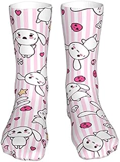 883 Compression Socks Cute Rabbit Pink Stripes Crew Socks Breathable Calf Socks Soft Athletic Socks For Hiking Jogging Walking 40cm