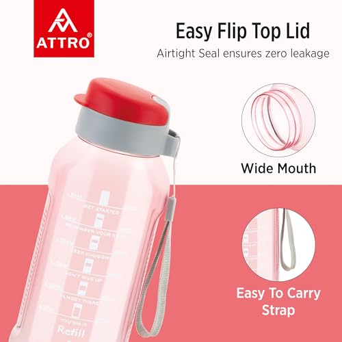 Image of ATTRO Ultra Pro Motivational 1-Liter BPA-Free Water Bottle with Leak-Proof Flip-Top Cap, Nylon Strap and Stylish Color for Daily Hydration Set of 4-Red