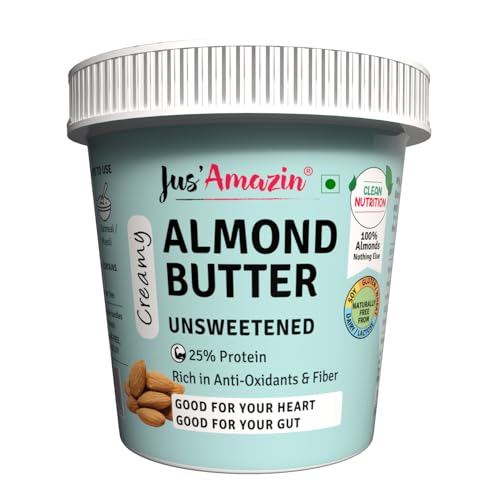 Jus' Amazin Cremige Mandelbutter – ungesüßt (1 kg Dose) | 25% Protein | Nur ganze Mandeln (100% rein) | Null Zusatzstoffe | Milchfreie vegane Butter | Keto | pflanzliche Ernährung | saubere Ernährung