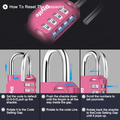 Image of 4 Digit Combination Padlock, Diyife Weatherproof Outdoor Password Padlock | Resettable Combination Lock, High Security for School Gym Sports Lockers, Tool Boxes, Basement (4 Pack, Pink)