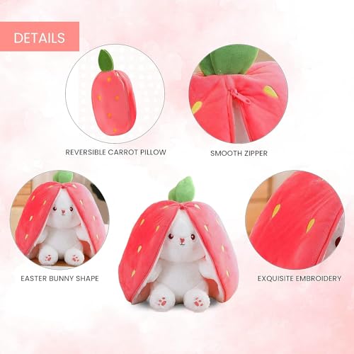 Image of Reversible Strawberry Rabbit Bunny Carrot Plush Toys with Zipper, Cute and Versatile Plushies Stuffed Animal Soft Toy Birthday Gift for Girls & Kids (Pink)