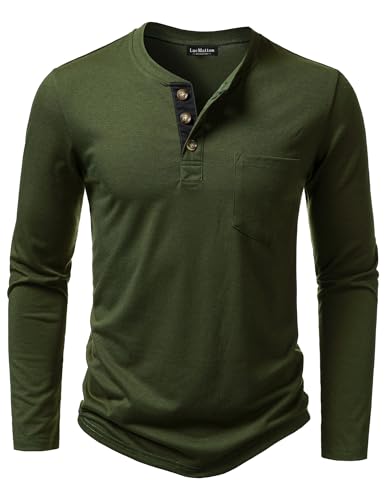 LucMatton Mens Lightweight Henley Shirt Casual Stretch Slim-Fit Long-Sleeve T-Shirt with Pocket Army Green Large