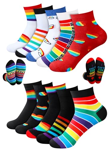 ShinyMatch 10 Pairs Rainbow Gay Pride Novelty Socks Unisex Striped Cotton Ankle Lesbian Gift Fun Dress Sock for Men Women LGBT Gay