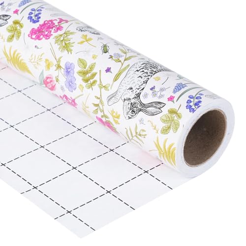 Ulmasinn Easter Wrapping Paper Roll - 17 Inches x 33 Feet - Adorable Bunny Rabbits and Flower Design with Cut Lines Great for Traditional Easter Holiday and Party