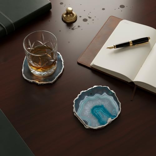 Image of Natural Agate Stone Tea Coasters Set | Premium Stone Coasters for Tea, Coffee & Glass | Heat Resistant Coasters for Dining Table, Office Desk & Home Decor | Pack of 2 | Color -Turquoise