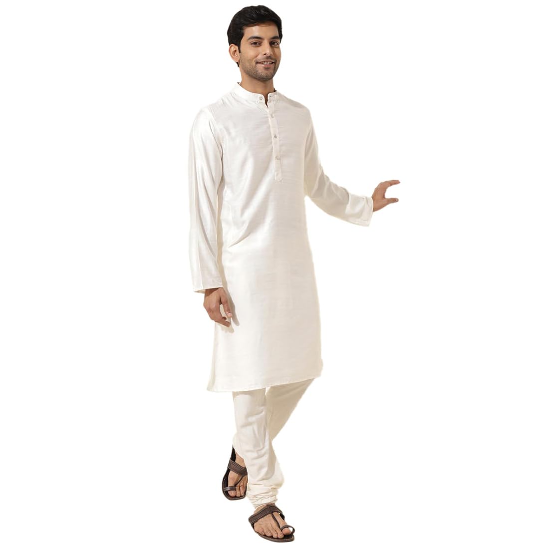 fabindia Men Viscose Silk White Solid Chinese Collar Slim Fit Long Kurta-picture-38