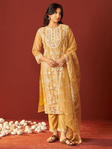 Image of INDO ERA Womens's Organza Floral Straight Fit Calf Length Kurta with Pant & Dupatta Set (IESTR10679)