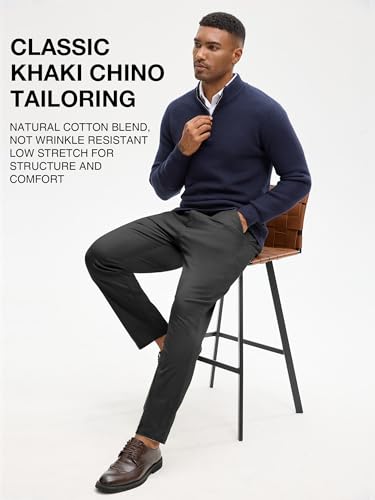 PLEPAN Men's Chino Pants Khaki - Stretch Waist Slim Fit Casual Trousers for Work Black 42W-30L2