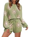 Ekouaer Knit Pajamas Set for Women Lounge Sets Long Sleeve Sweatsuit Matching 2 Piece Outfits Cute Sweater Sets Floral Green XL